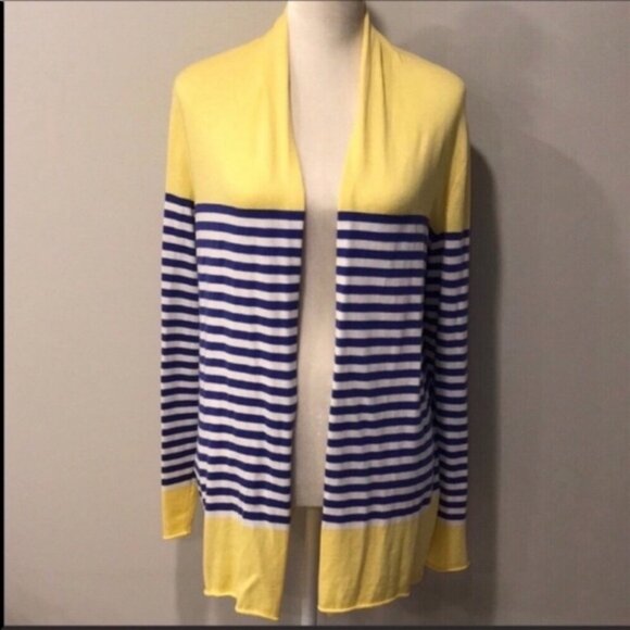 Talbots Blue Yellow White Stripe Cotton Blend Cardigan Sweater Sz petites M - Picture 2 of 5